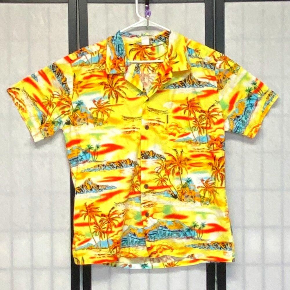 Palmwave Hawaiian Shirt L Yellow Orange Tropical Short Sleeve Button Front